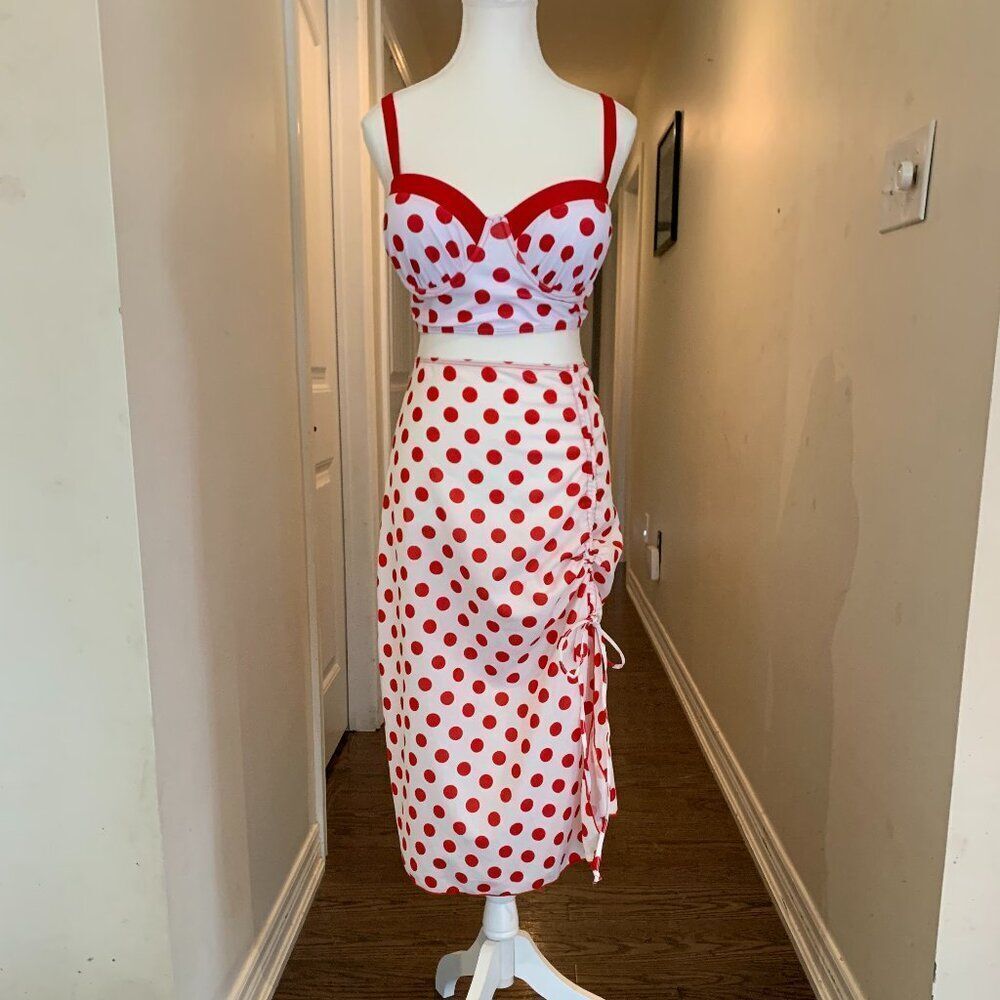Bra and skirt set, never worn, bathing/sun suit/cover up/white and red polka dot